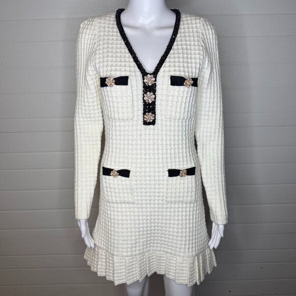Sierra Darien Ivoire Textured Knit Dress w/ Black Trim & Gold Buttons - Picture 1 of 10